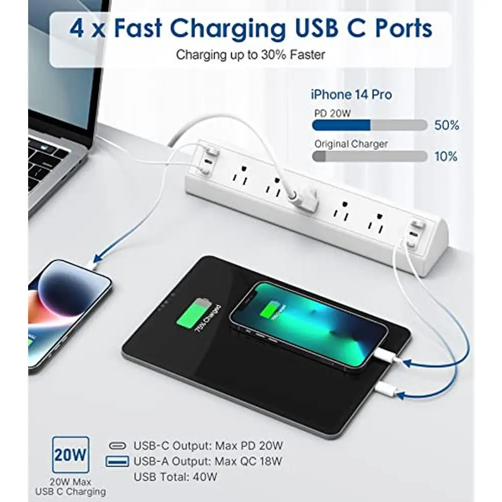 Desk Clamp Fast Charging Station USB C 40W Total Power Surge Protector with 4 PD 20W Ports & 6 USB Home Office Desk Mount Power