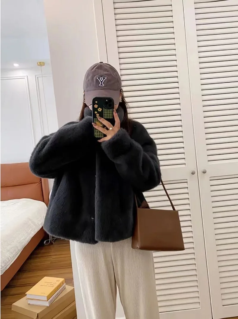 FRAYA LAB Płaszcz z futra Jednoczęściowy futrzany płaszcz ze stójką Krótka ekologiczna kurtka z futra dla kobiet Zimowa puszysta odzież wierzchnia 2026 Nowość