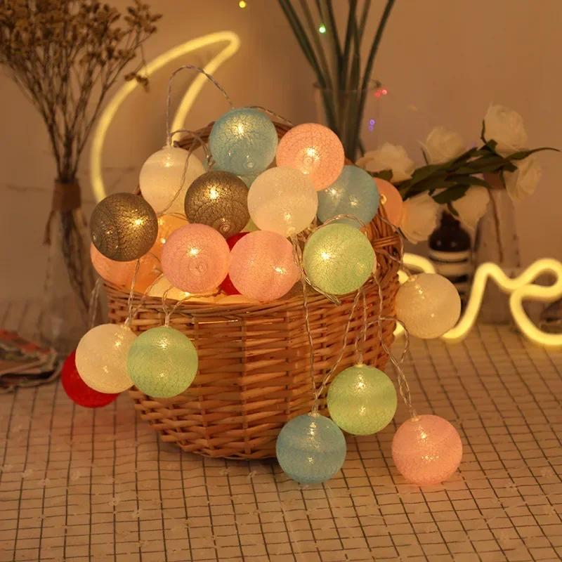 Christmas Cotton Ball Decorative String Light Handmade DIY Thread 10/20 Balls String Lamp Battery Family Party Fairy Lights
