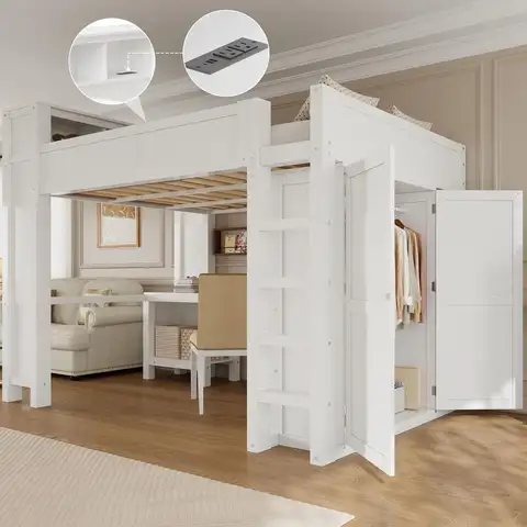 Queen Size Wooden Loft Bed with Desk, Side Wardrobe, Storage & USB Ports, No Box Spring Required, White