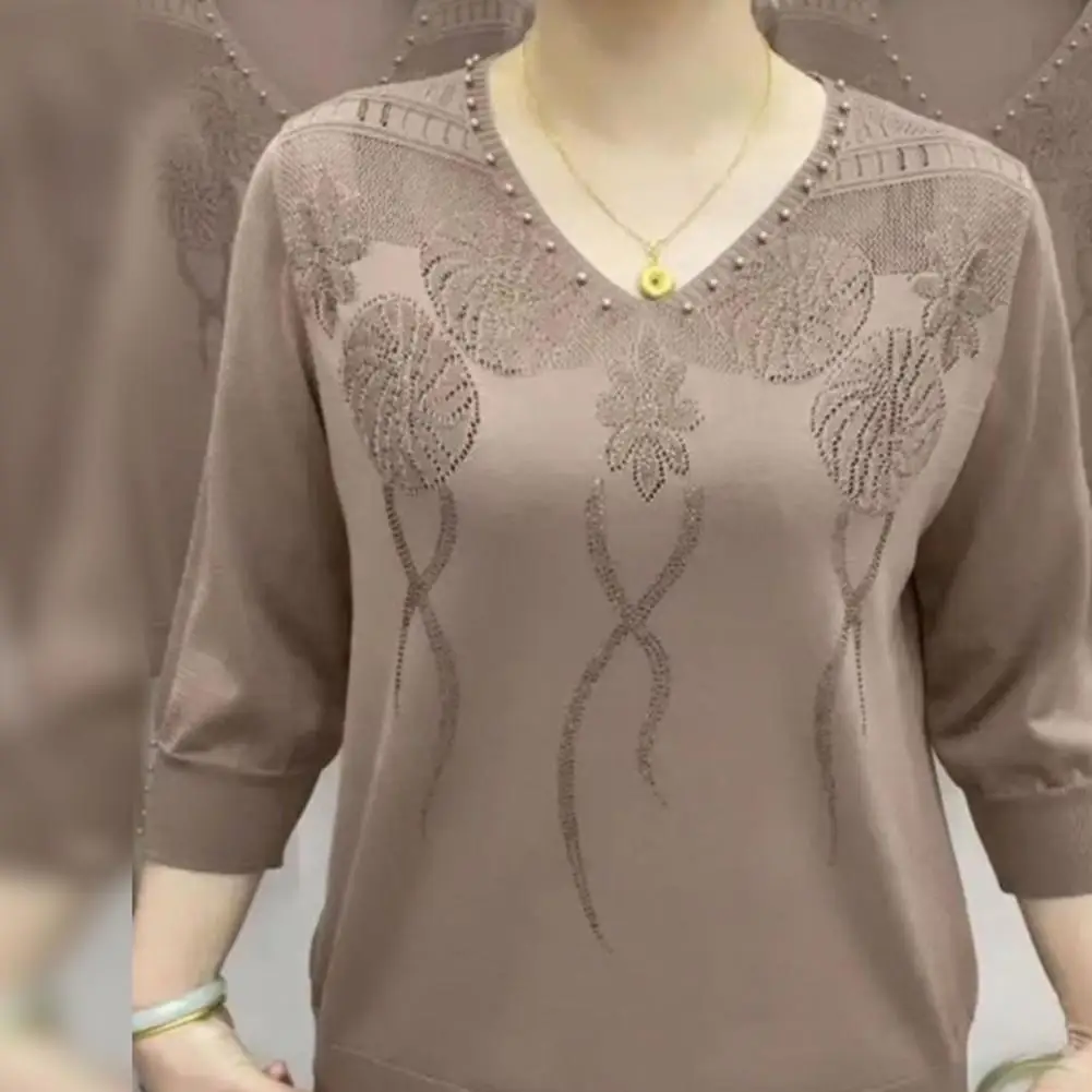 

Свитер свободного покроя с V-образным вырезом, Элегантный женский трикотажный пуловер среднего возраста с V-образным вырезом и цветочным принтом, мягкая блузка для матерей с эластичными манжетами