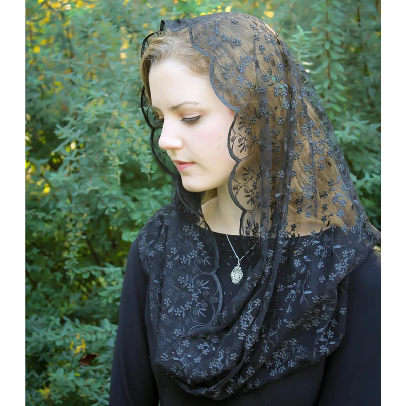 Black Navy Champagne Floral Mantilla Mass Catholic Veils Head Covering For Women Infinity Embroidered Lace Vintage Little Daisy image 2