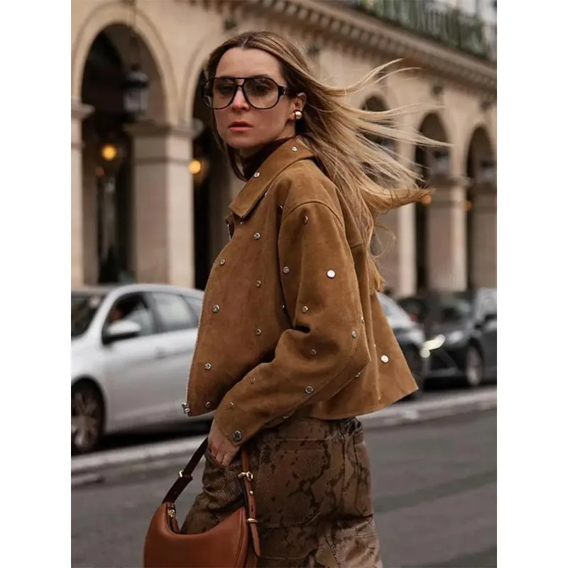

Rivet Suede Short Jackets Pockets Women Fashion Pocket Lapel Zipper Coats Tops Female Autumn winter Clothes Motorcycle Outerwear