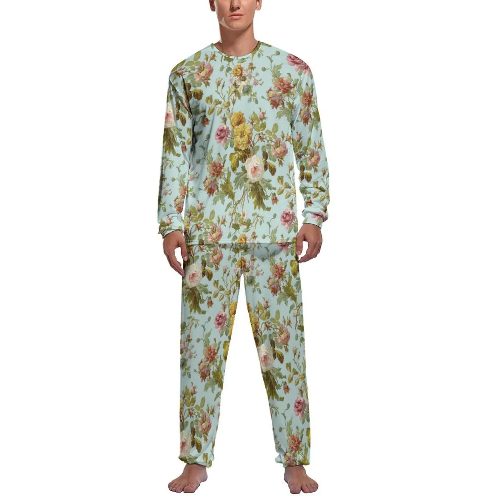 

Stylish Baroque Floral Pajamas Vintage Pink Roses Man Long-Sleeve Cool Pajama Sets 2 Piece Home Spring Design Nightwear Present