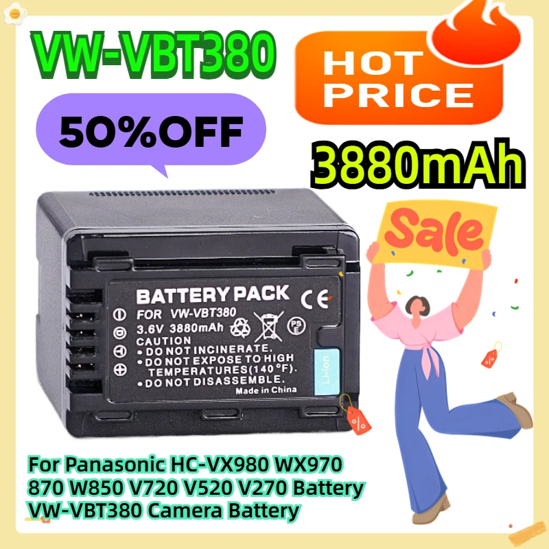 

For Panasonic HC-VX980 WX970 870 W850 V720 V520 V270 Battery 3880mAH VW-VBT380 Camera Battery