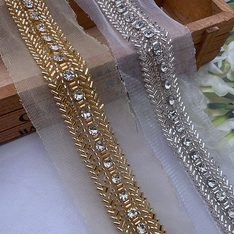 2Yards/Lot Embroidery Crystal Beaded Lace Trim 2.5cm Wide Hand Sewing Pearls Lace Tape For Clothing Collar DIY Crafts Decoration