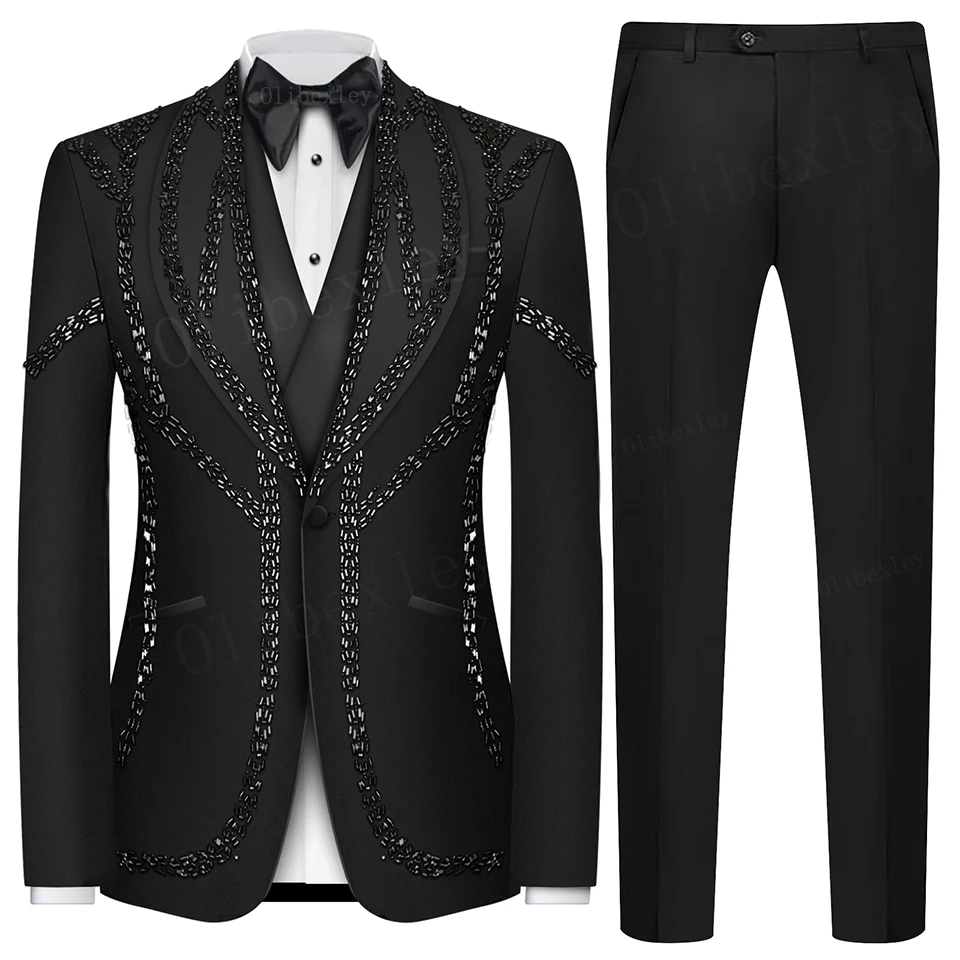 B41 Luxury Black Crystals Men Suits Set 2 Piece Blazer Pants Prom Groom Wedding Tuxedo Formal Office Custom Made Jacket Suits