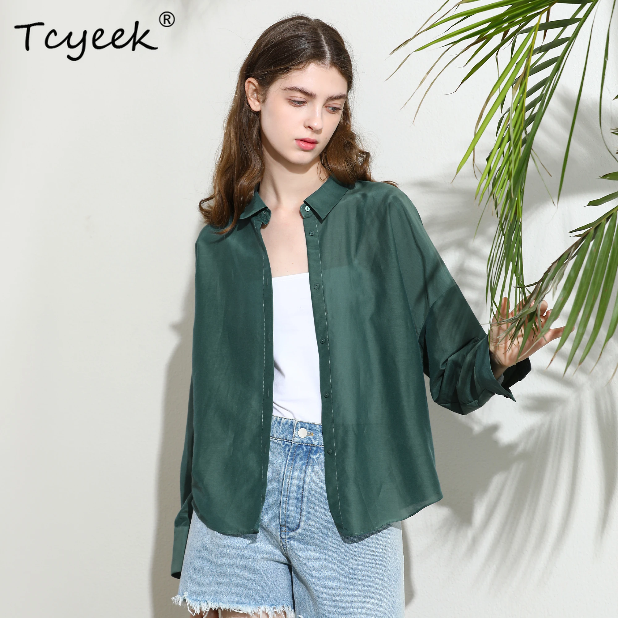 

Tcyeek 30% Silk 70% Cotton Shirt for Women, Lapel Long Sleeve, Elegant Fashion Thin Blouse, 2024 Spring Autumn Tops T47186QM