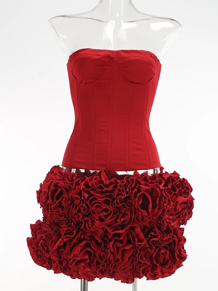 

Women's Sexy Strapless Red Mini Skirt and Off-Shoulder Corset Top Two-Piece Set Lace Up Elegant Quality Luxury Party Dress