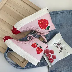 Girls Students Sweet Canvas Shoes Strawberry Printing Women Middle High Sneakers Leaf Pattern Women Summer Canvas Short Boots