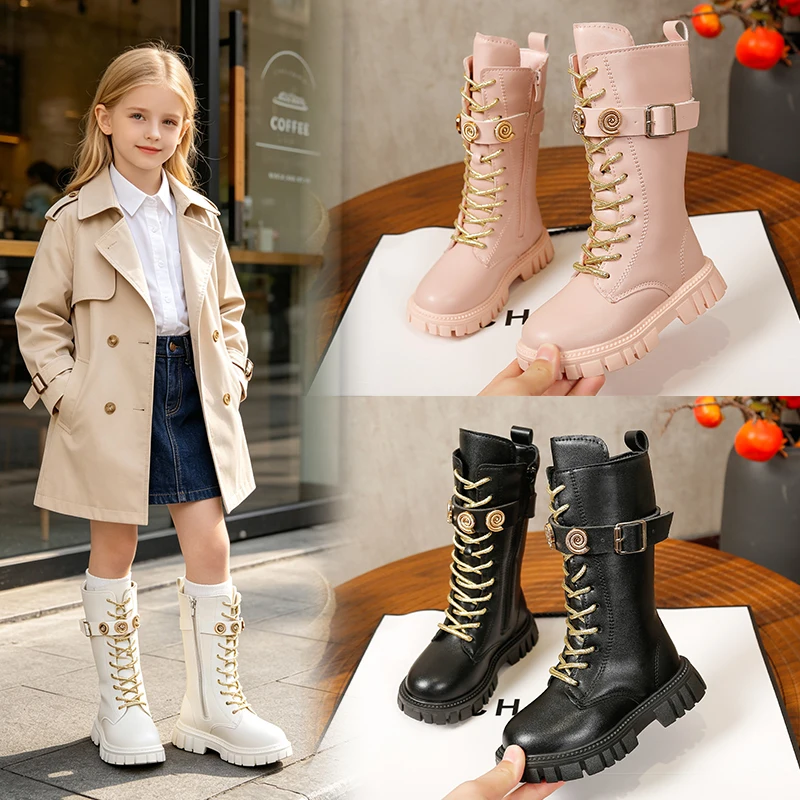 Kids Girls Star Embroidery Tall Boots Back Zipper Thick Platform Non‑Slip Fleece‑Lined Winter Boots