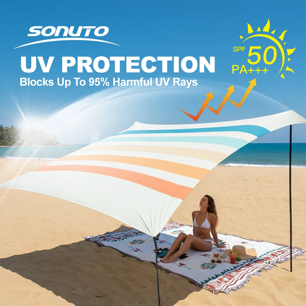 

Улучшенная пляжная палатка из лайкры с 4 креплениями из мешков с песком - Ветрозащитный солнцезащитный тент UPF 50+ для семейных прогулок и серфинга