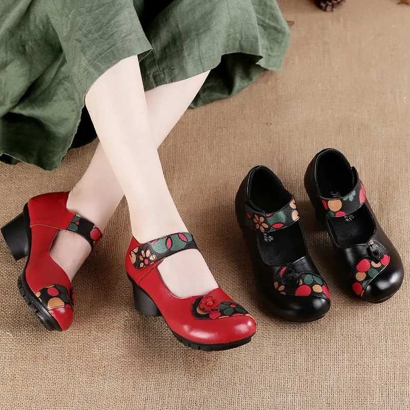 Vintage Pumps Elderly Genuine Leather Shoes Ladies Medium Heels Mary Jane Pumps Mom Red Block Heel Shoes Womens Pumps Round Toe