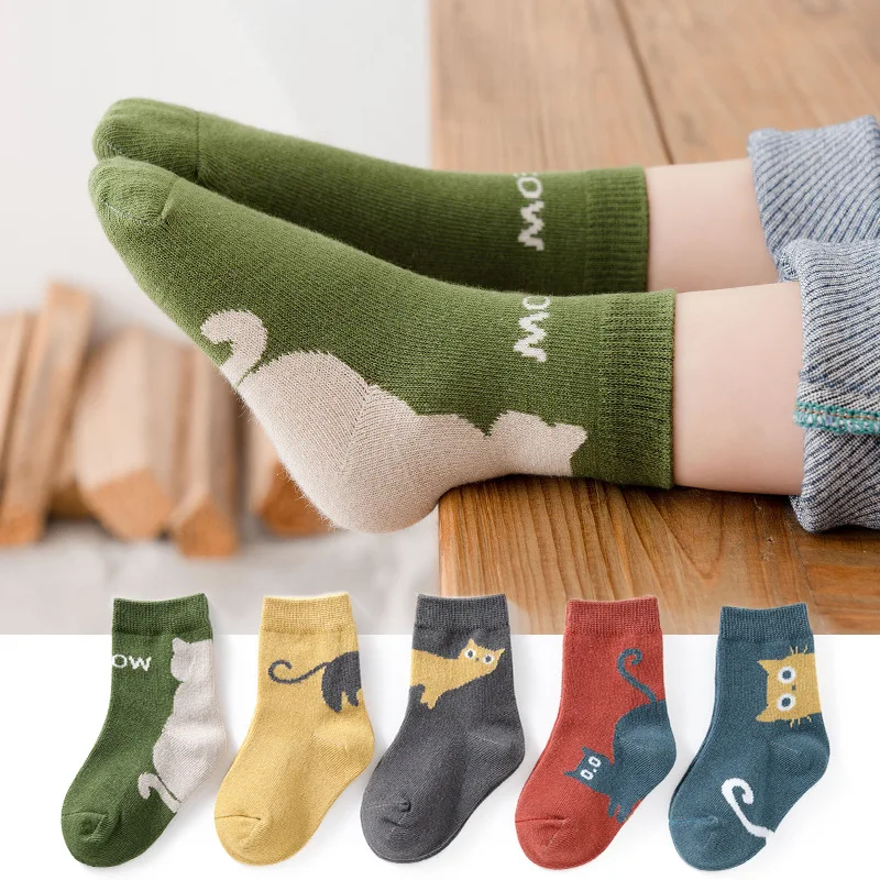 5 Pairs Kids Socks Cartoon Cat Pattern Comfortable Breathable Children Socks For Boys And Girls
