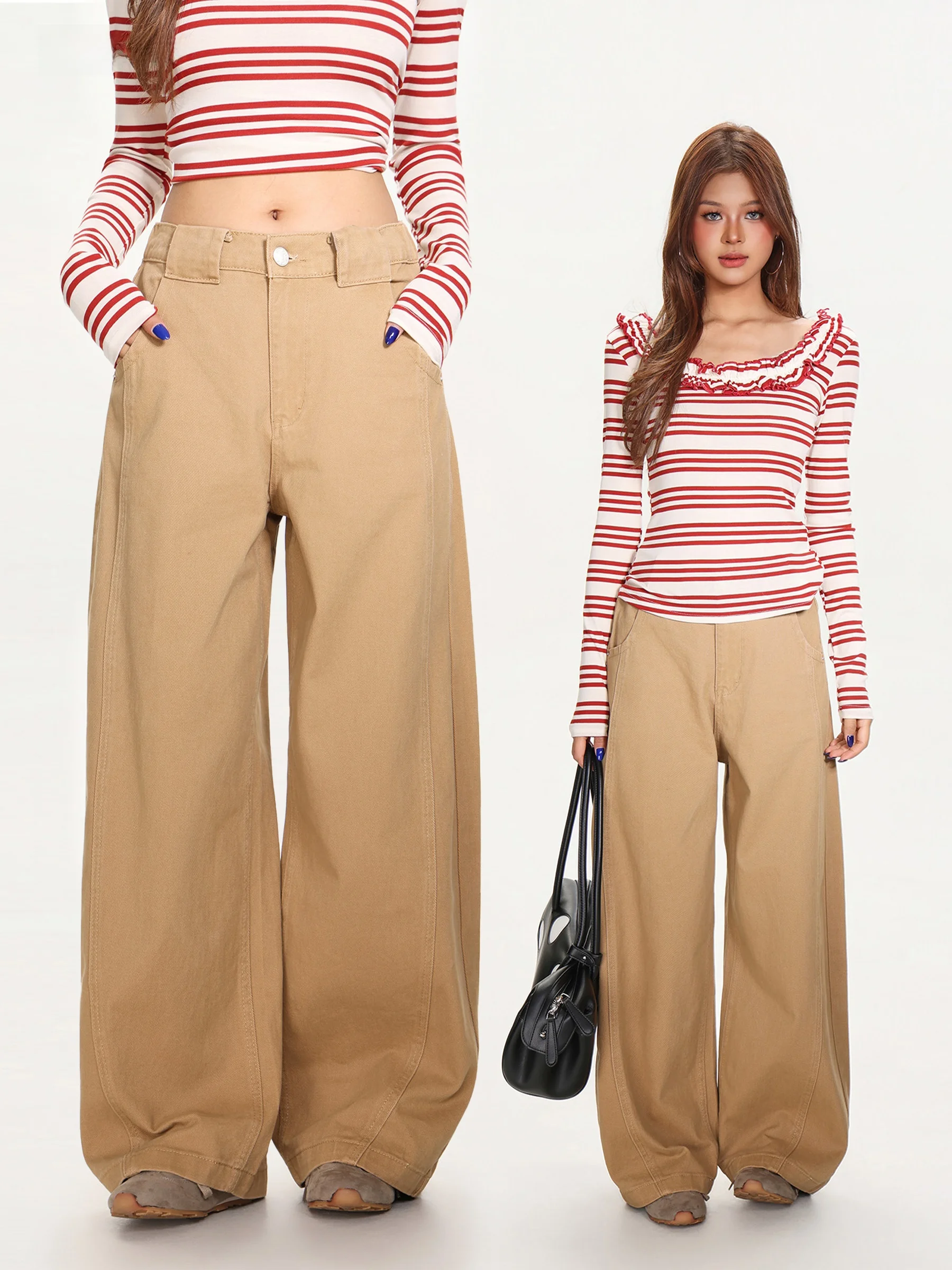 

Американские широкие брюки-палаццо с высокой талией для женщин, свободные, стройнящие, цвета хаки, повседневные, прямого кроя