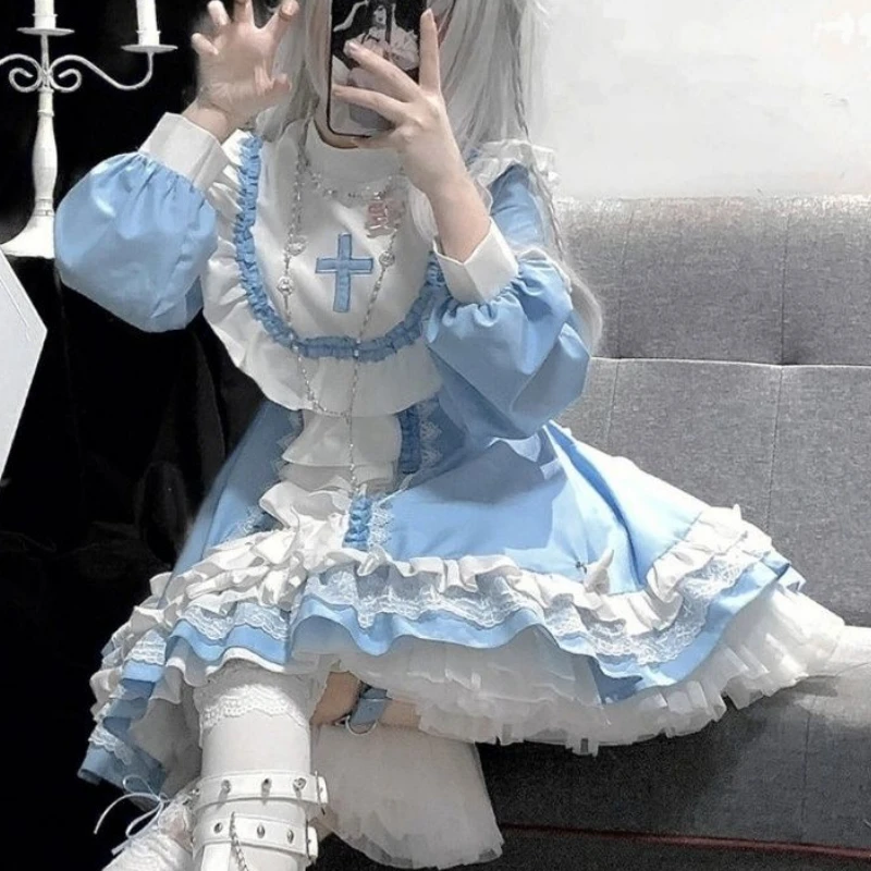 Vestido corto de estilo gótico Harajuku para mujer, minivestido de retales de princesa, con volantes y lazo, color azul y blanco, té japonesa para fiesta de, Lolita OP