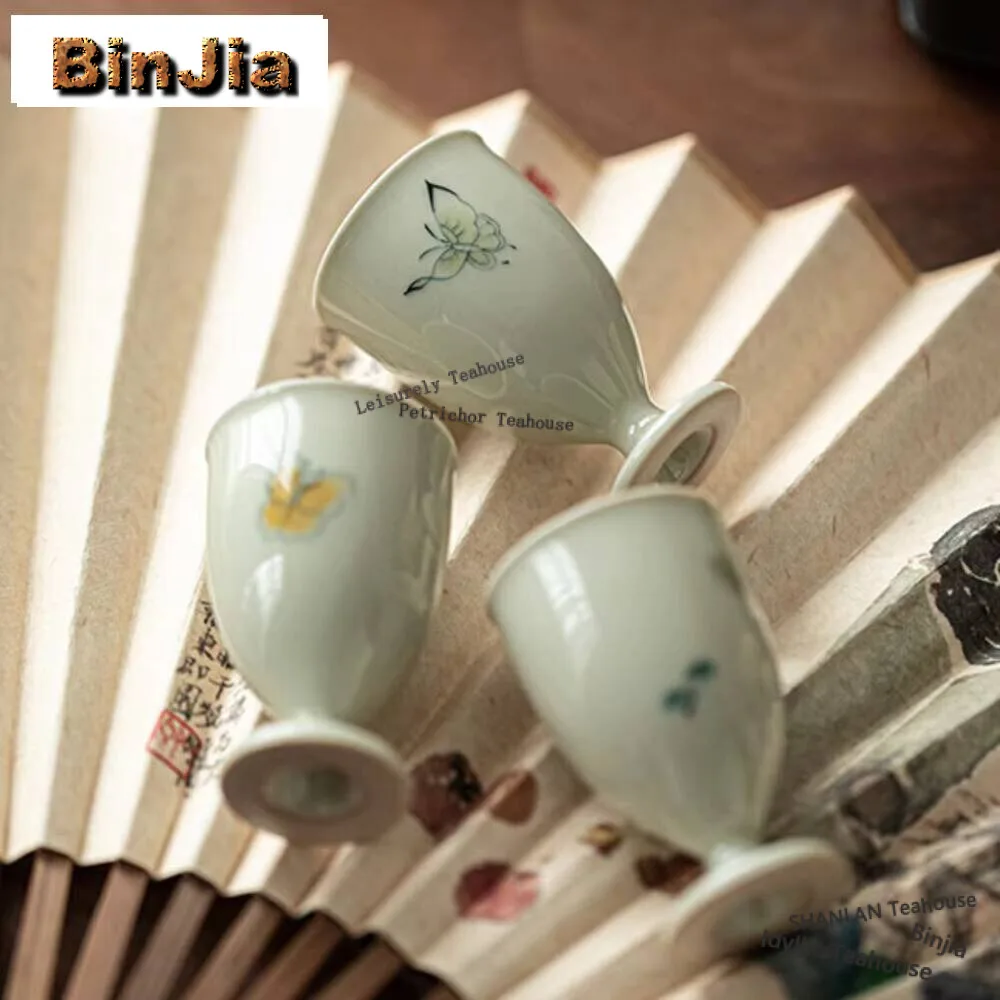 

2pc/lot Handdrawn Butterfly Ceramic Tea Cup Handmade Seeking White High Feet Cup Master Cup Meditation Cup Kung Fu Tea Set 30ml