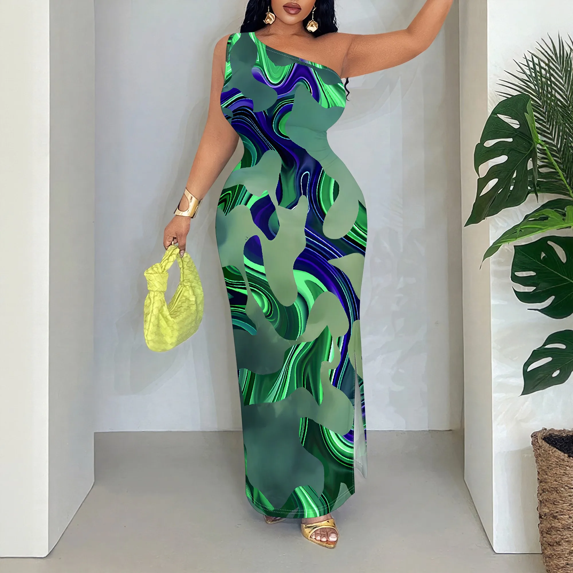 

Green Print, One Shoulder Dress, Sleeveless Maxi, Bodycon Gown, Party Clubwear, S-2XL