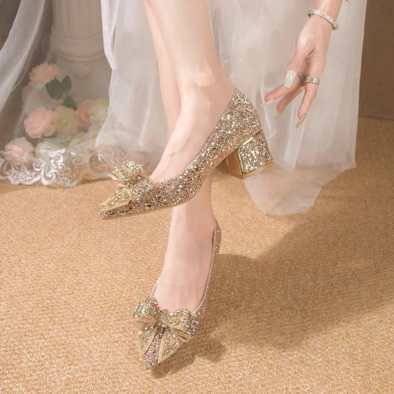 Shoes for Women 2024 Brand Fashion Women\'s High Heels Summer Pointed Toe New Crystal Butterfly-knot Sexy Wedding Shoes Bride