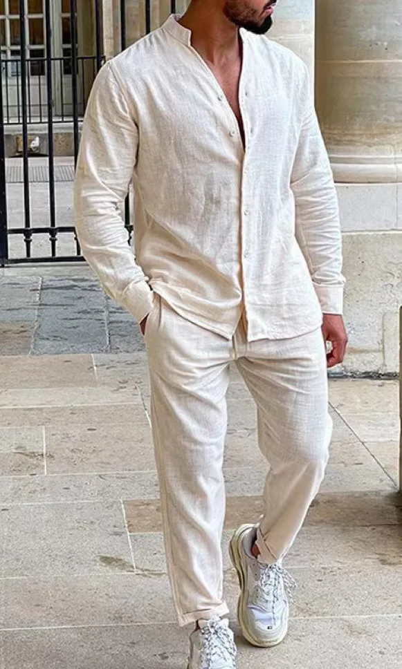 

2025 American New Fashion Men's Cotton Linen Solid Color Casual Trendy 2 Piece Sets Long Sleeve Shirts Cargo Pants Male Clothes