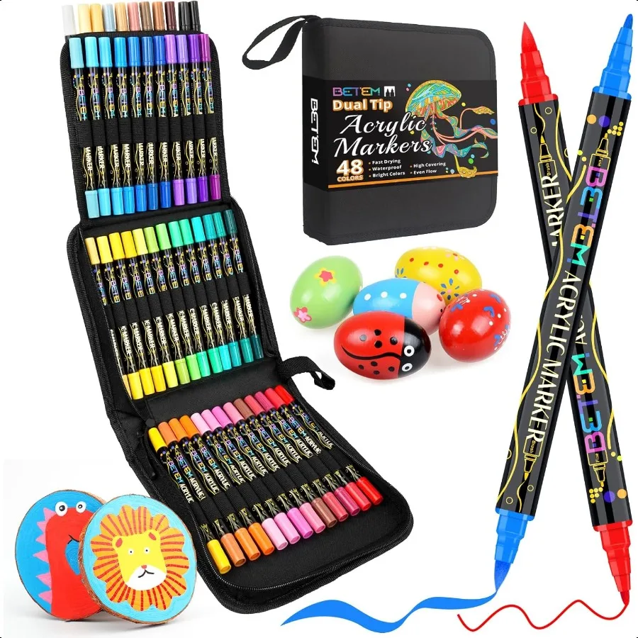 

Betem Paint Markers Acrylic Paint Pens Dual Tip 48 Colors Acrylic Markers with Brush Tip and Fine Point Art plies for Wood Canv