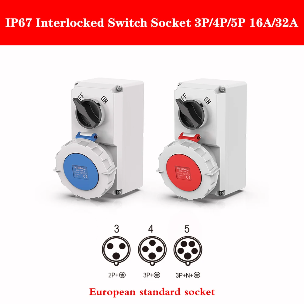 Free Shipping Kripal Waterproof CEE Socket 3Pin 32a Outlet Combination Switched Socket With Circuit Protection For charging pile