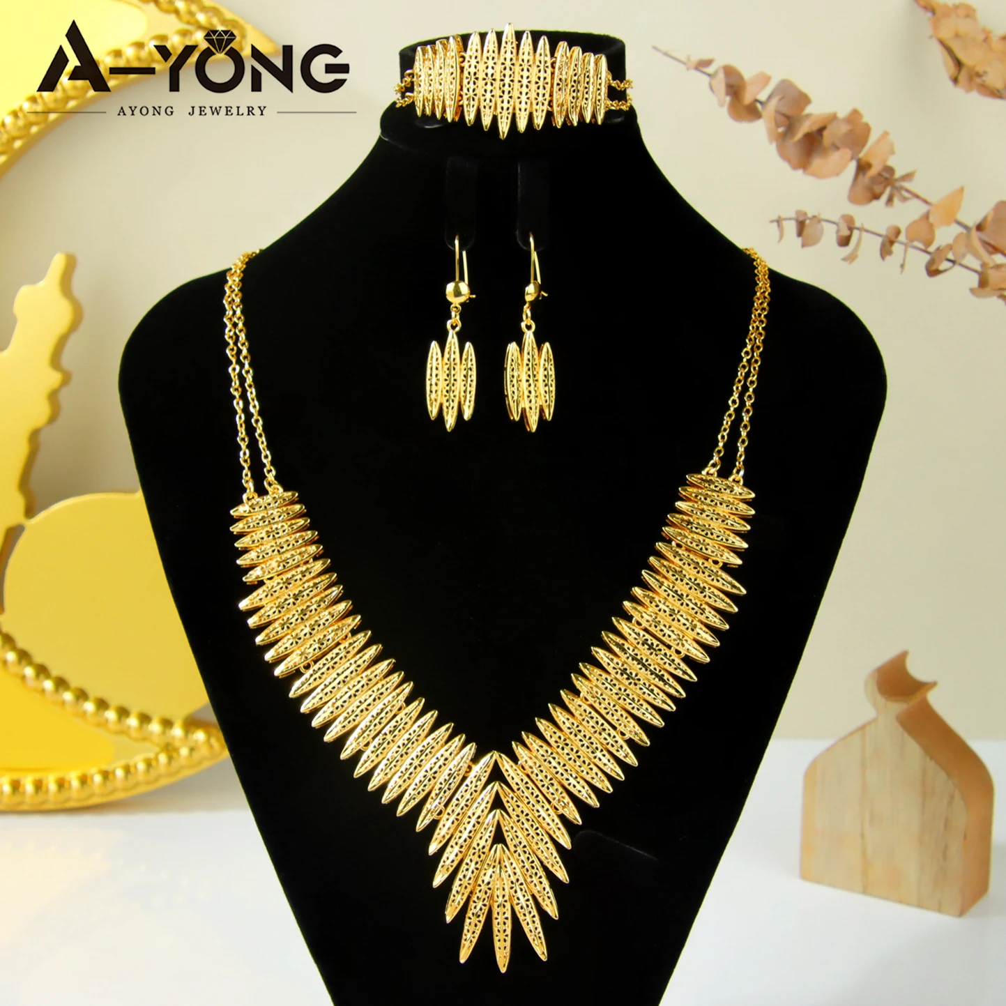 Luxus Dubai Hochzeit Schmuck Set 24k Gold Überzogene Arabisch Braut Gold Halskette Armband Ohrringe Habesha Frauen Party Schmuck – Detail 5