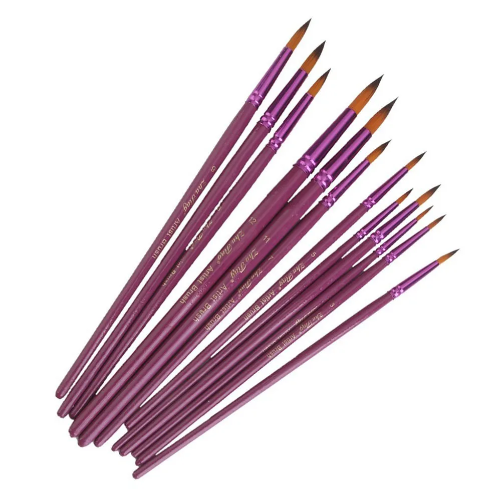 مجموعة فرش ذات طرف مدبب مستدير من شعر النايلون مكونة من 12 قطعة، مقبض خشبي ناعم أرجواني للزيت والأكريليك ولوحة ألوان مائية من القماش والورق والخشب