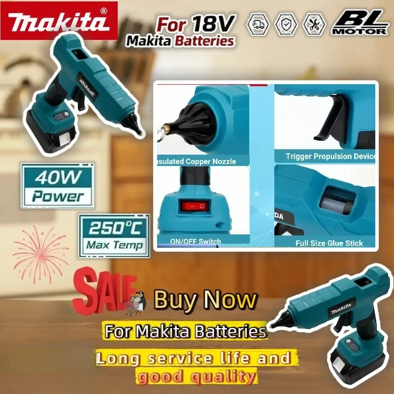

Беспроводной электрический ручной пистолет для горячей клейки Makita, инструмент для ремонта и DIY, пистолет для термосварки, термофен с насадкой против ожогов для аккумуляторов Makita