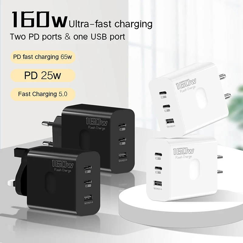 160W USB Type-C Phone GaN Charger USB-C PD Fast Charging Power Adapter For Huawei Xiaomi Realme For Tablet