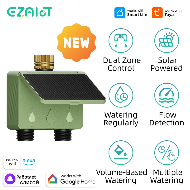 Programmateur d'arrosage intelligent Tuya WiFi 2 zones, contrôleur d'irrigation de jardin à énergie solaire pour système d'arrosage automatique extérieur