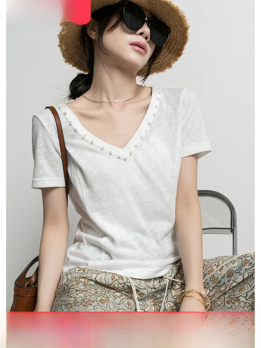 

Trendy Lace Hollow out Thin ort Sve V-Ne Women's T-irt Summer New Sle Base irt Commute Sle Creative Pattern Co...