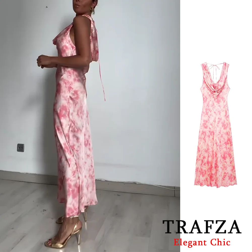 TRAFZA Vintage seksowna satyna Tie-dye Print różowe kobiety sukienka moda 2024 lato bez pleców, długa sukienka Elegent impreza wieczorowa sukienka