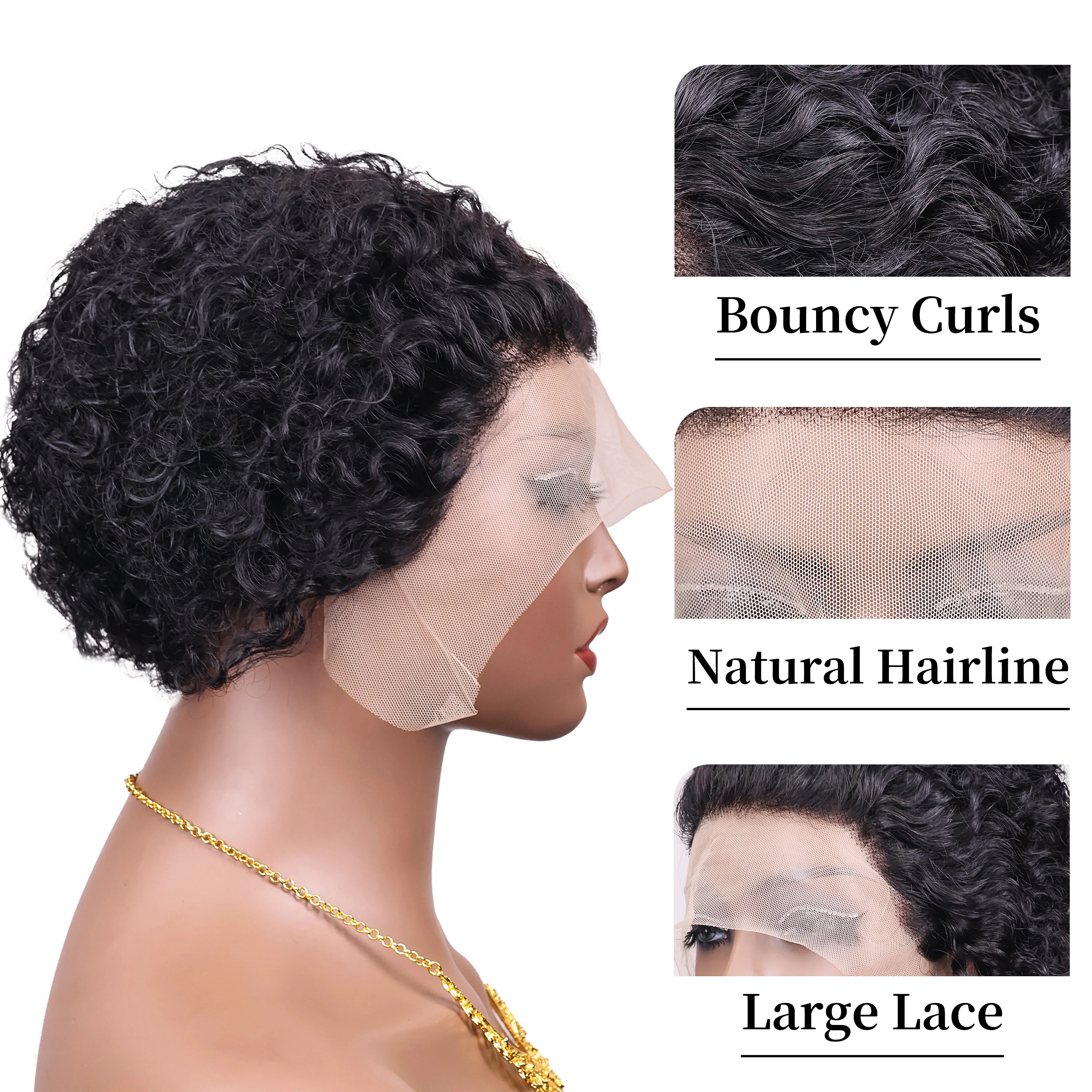 Short Curly 13x1 Lace Curly Pixie Cut Wig 180% Density Human Hair Lace Front Bob Wigs for Women Natural Color Pre Plucked 6 Inch view 3