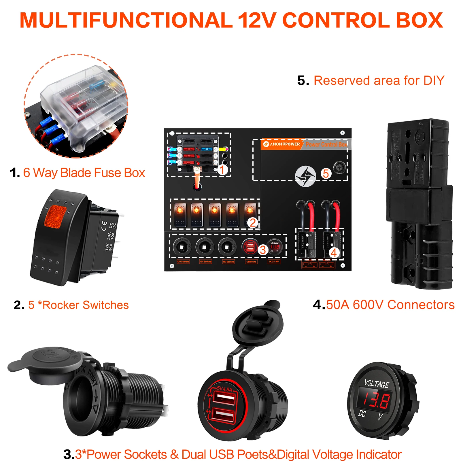 Multifunction Control Box with Switch Voltmeter USB Car Plug Anderson Socket Circuit Insurance for Car RV Station Wagon 4WD Camp