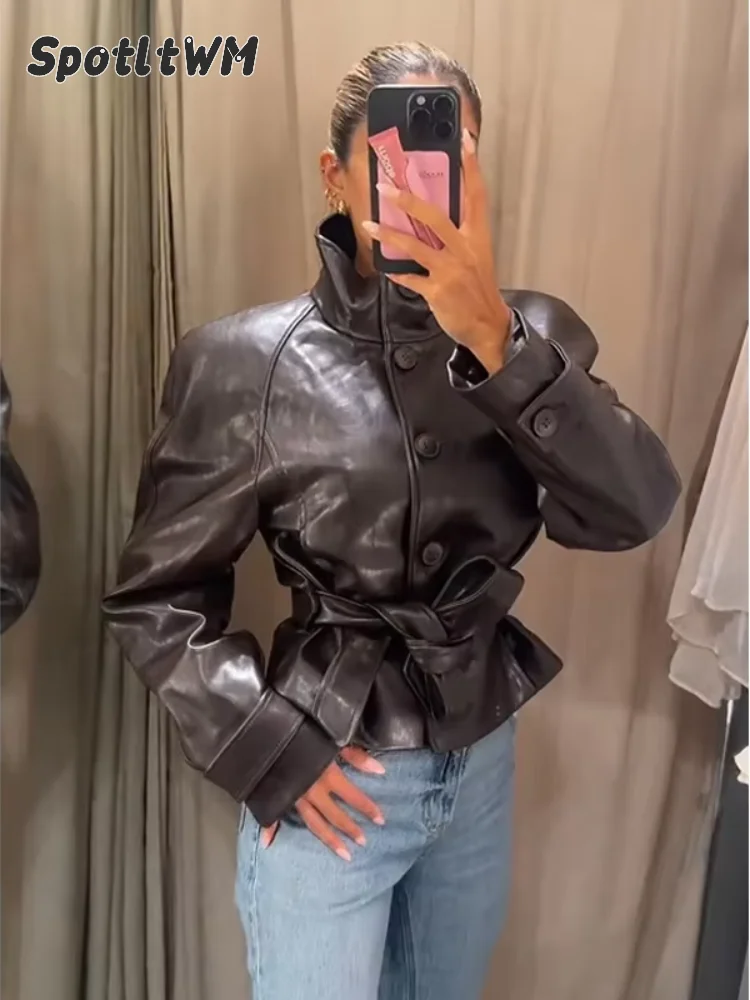 Women Stand Collar Faux Leather Cropped Jacket Waist Belted Button Long Sleeve Outerwear Winter Lady Street Daily Casual Outfit