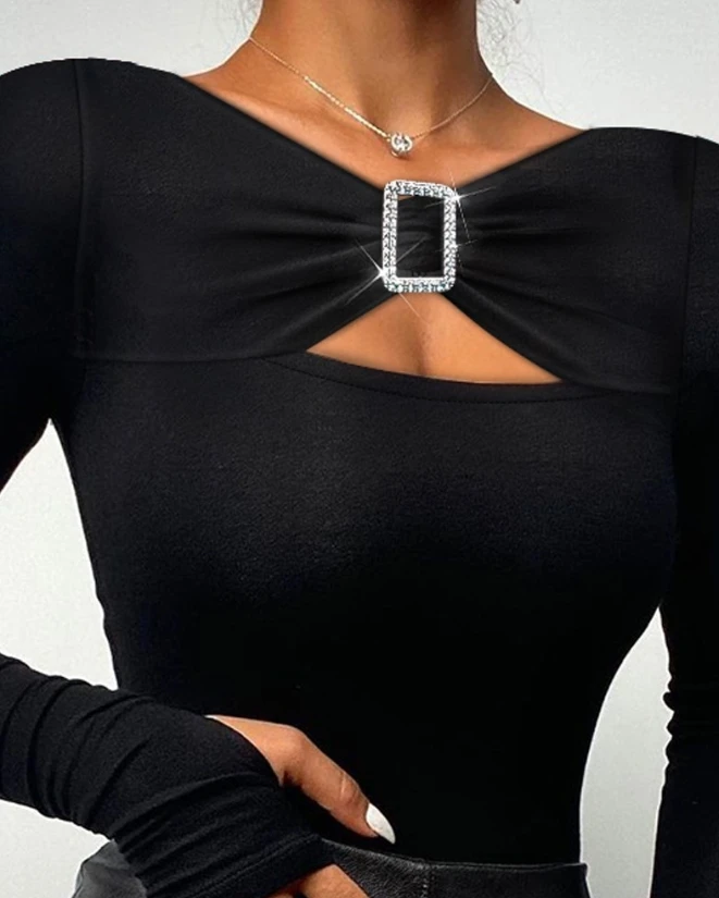 Buckle Hollow Long Sleeve Top 2023 New Hot Selling Fashion Women's Wear Exquisite Sexy Slim Fit