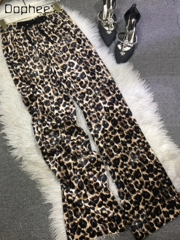 Hot Drilling Pants for Women 2023 Autumn and Winter New Fashion Leopard Print Elastic Waist All-Match Wide Leg Pants Female