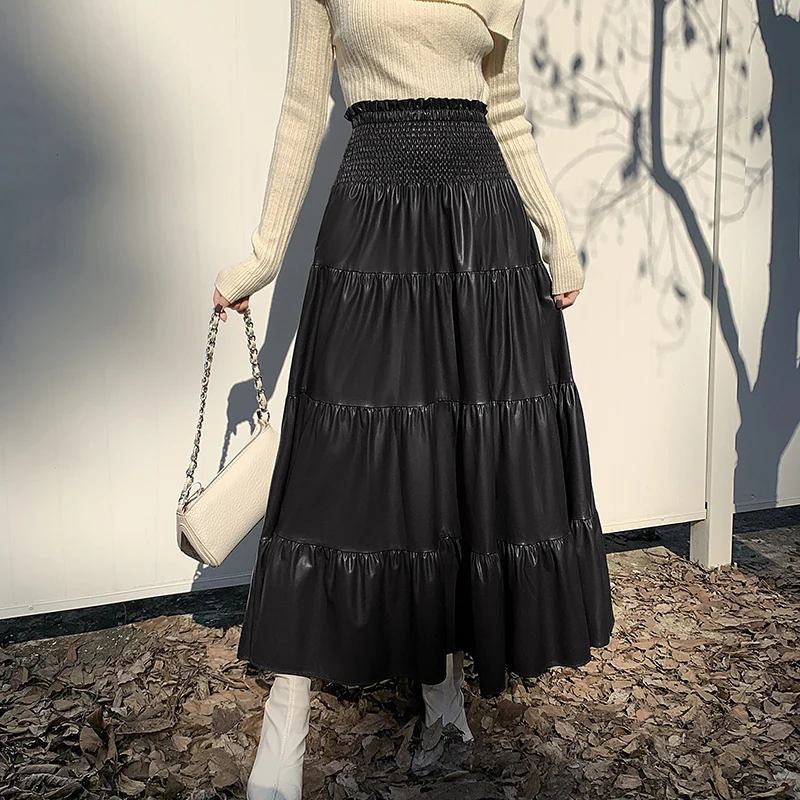 Fall Winter New PU Skirts Women Faux Leahter Elastic High Waist Pleated Skirt Long PU Skirts Green Black Saias Mujer 2024 New