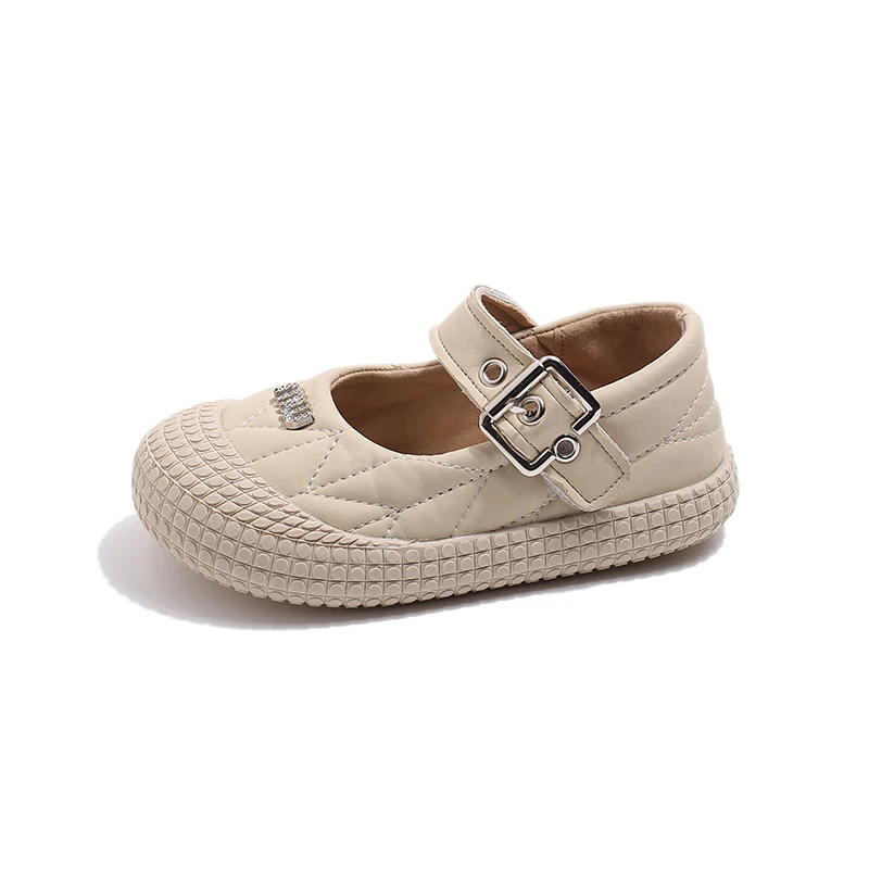 Beige/Khaki Girls Round Toe Casual Shoes Non-slip Soft Sole Girls Spring and Autumn Outdoor PU Casual Shoe Size 22-31