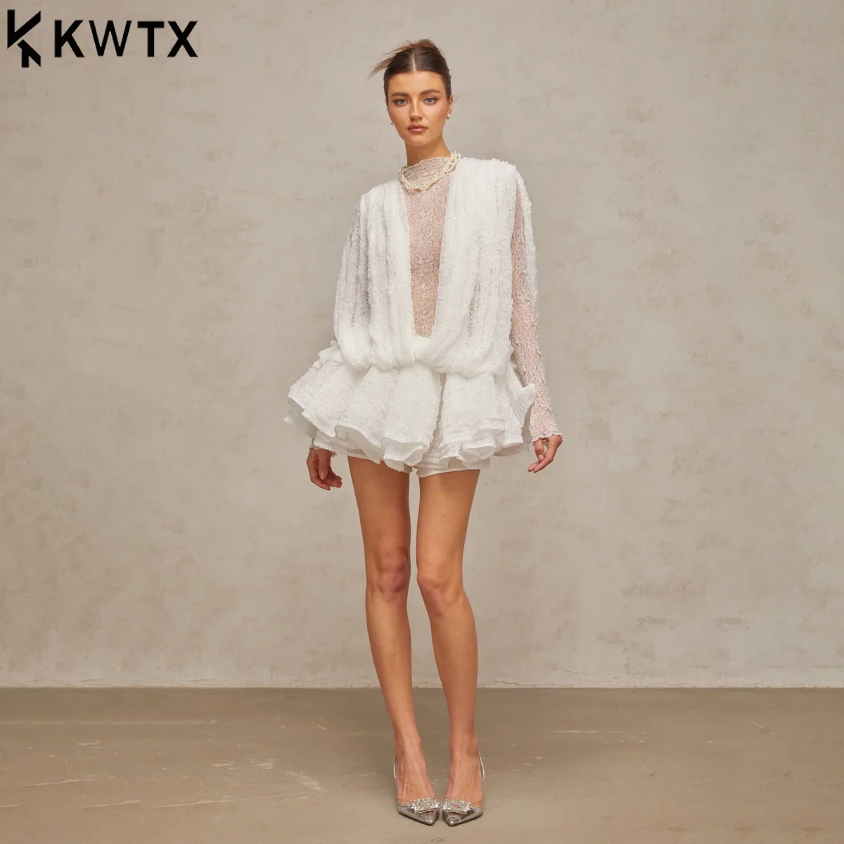 فستان KWTX 2026 جديد أنيق ومثير للربيع والصيف وخصر مكشكش شبكي للحفلات والمكتب ملابس الشارع الفاخرة