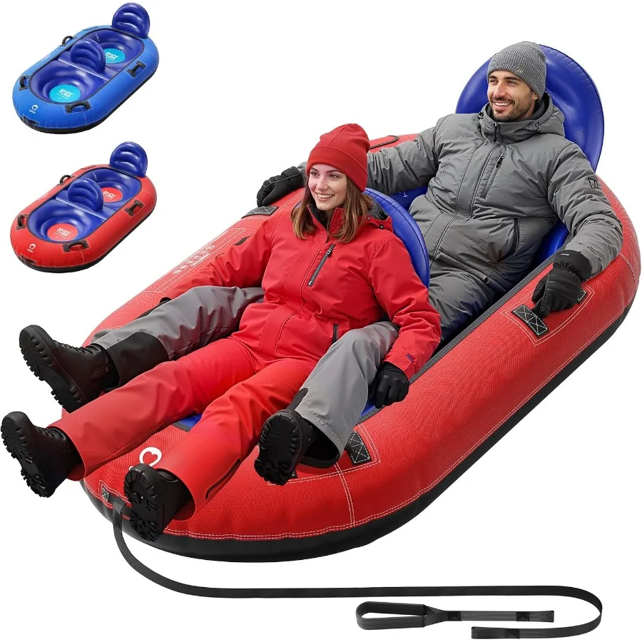 

2-Person Inflatable Snow Tube with Dual Backrests & Tow Rope, Heavy Duty Canvas-Covered Blow Up Snow Sled with Handles, Fast Inf