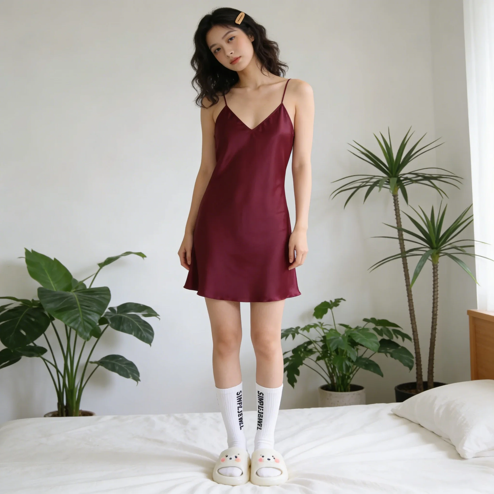 

SIMPLEJEWEL Elegant Korean Loungewear Women Soft Satin Nightgown Comfortable Casual Home Wear Soft Smooth Fabric Loungewear