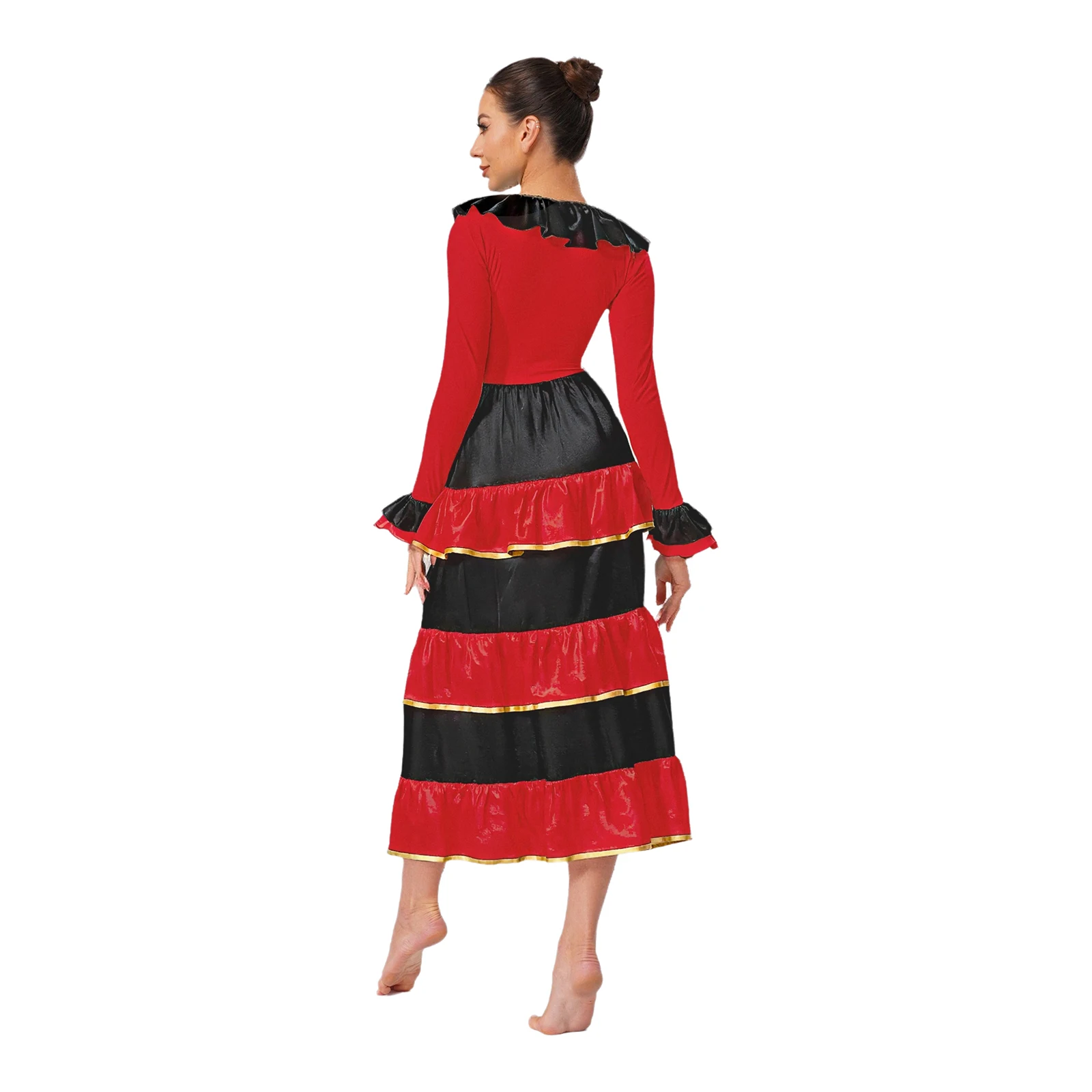 Robe de danse espagnole Flamenco pour femmes, à volants, couleur contrastée, grande balançoire, manches longues, col en V, pour salle de bal, fête de danse