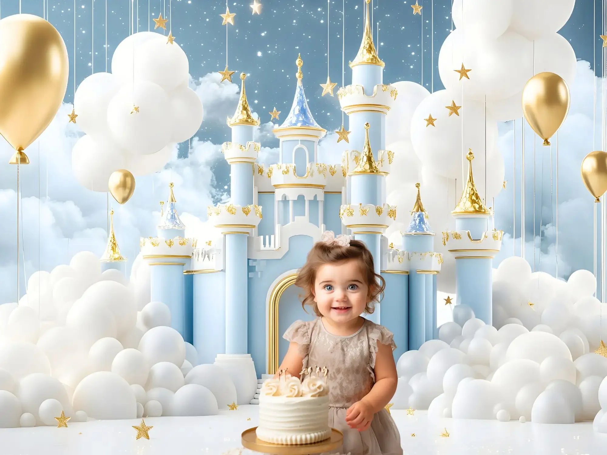 Mehofond fotografia tło marzycielskie niebieskie balony zamek dzieci urodziny ciasto Smash portret wystrój tło Photo Studio