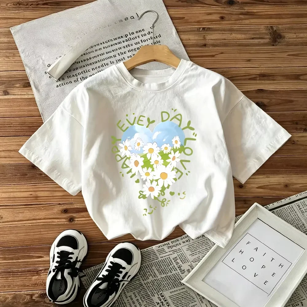 Kids Short Sleeve T Shirt Daisy Heart Happy Every Day Letter Graphic Round Neck Casual Summer Tops For Boys Girls