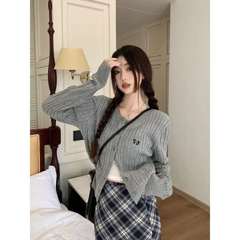 

Deeptown Korean Style Gray Sweater Cardigan Women Bow Embroidery Sweet Preppy Slim Crop Knitwear Jackets Button Up Jumper Autumn