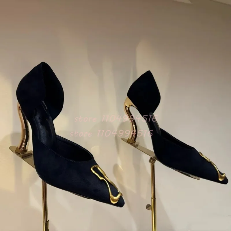 Metal Decor Black Suede Cover Heel Pumps Women Shallow Side Hollow Stiletto High Heels Sexy Pointed Strange Style Party Shoes