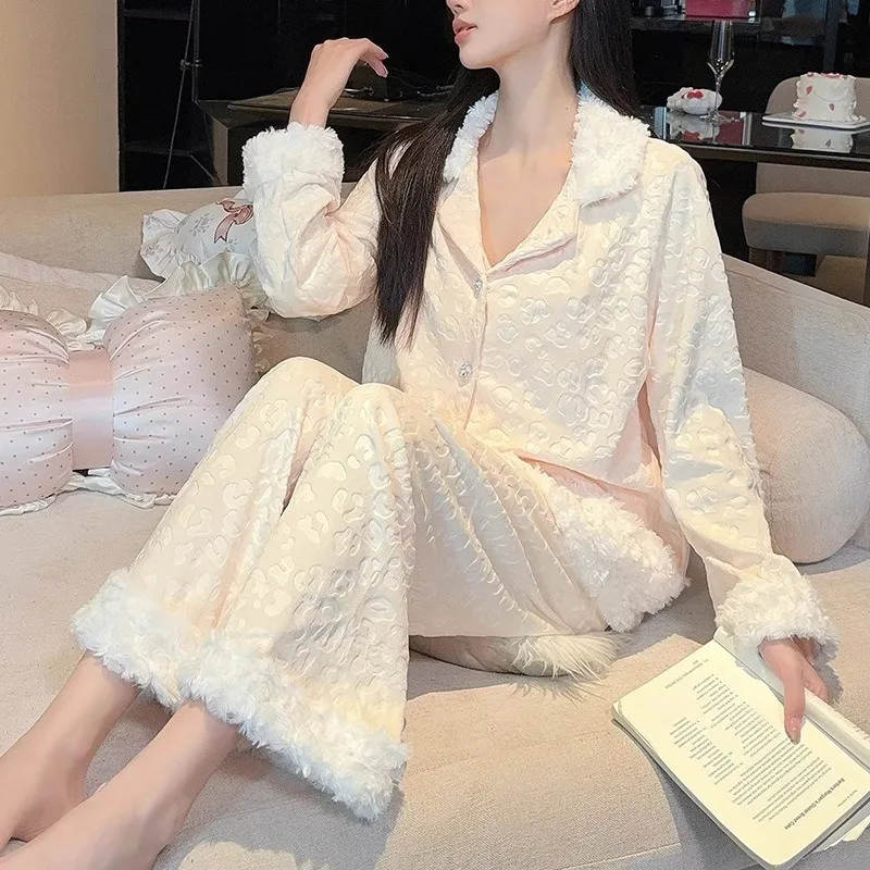 طقم بيجامات مخملية على شكل جزيرة كورية مزدوجة الجوانب للسيدات بأكمام طويلة ملابس نوم دافئة للخريف والشتاء مقاس XL سادة بطول كامل مريح