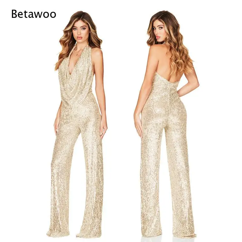 Women's Sequin Halter Neck Jumpsuit Deep V-Neck Sparkly Glitter Wide Leg Romper for Party Club Night Out Stage Performance